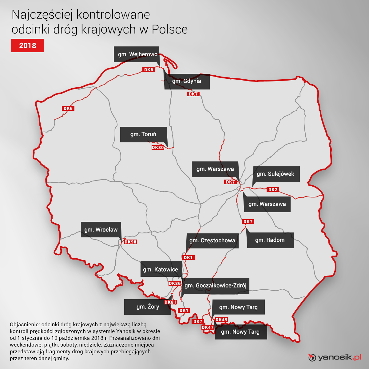 1 listopada 2018: mapa najczęściej kontrolowanych dróg w Polsce / fot. Yanosik