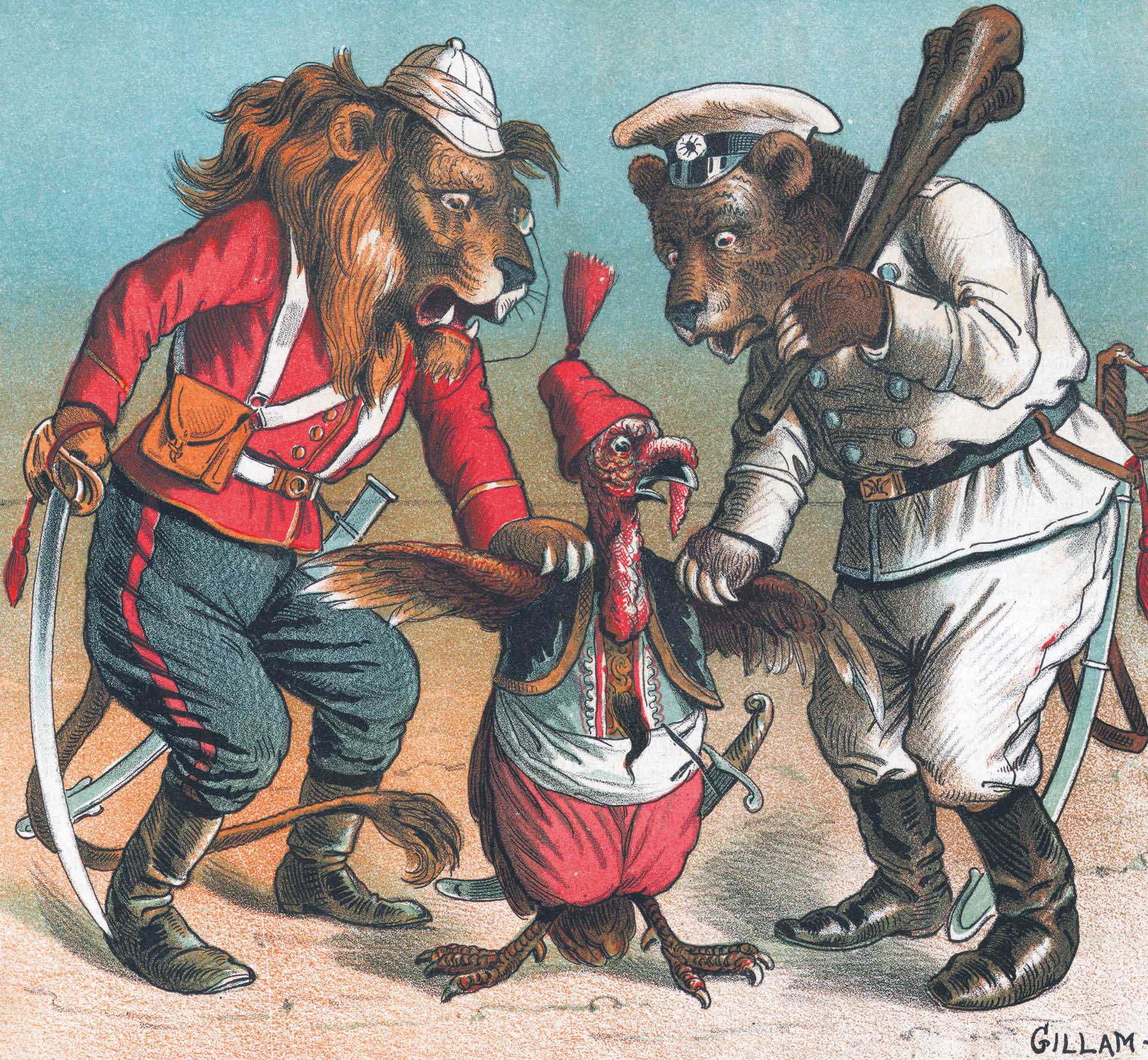 Satyryczna ilustracja, która ukazała się w amerykańskim magazynie „Puck” 22 kwietnia 1885 r.– Anglia (lew) i Rosja (niedźwiedź) grożą Turcji (indyk): „Albo zostaniesz moim sojusznikiem, albo spuszczę ci najgorsze w życiu lanie”