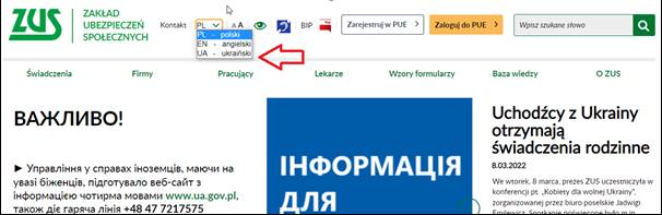 zrzut z ekranu: wybór języka strony