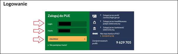 zrzut z ekranu: logowanie loginem i hasłem PUE