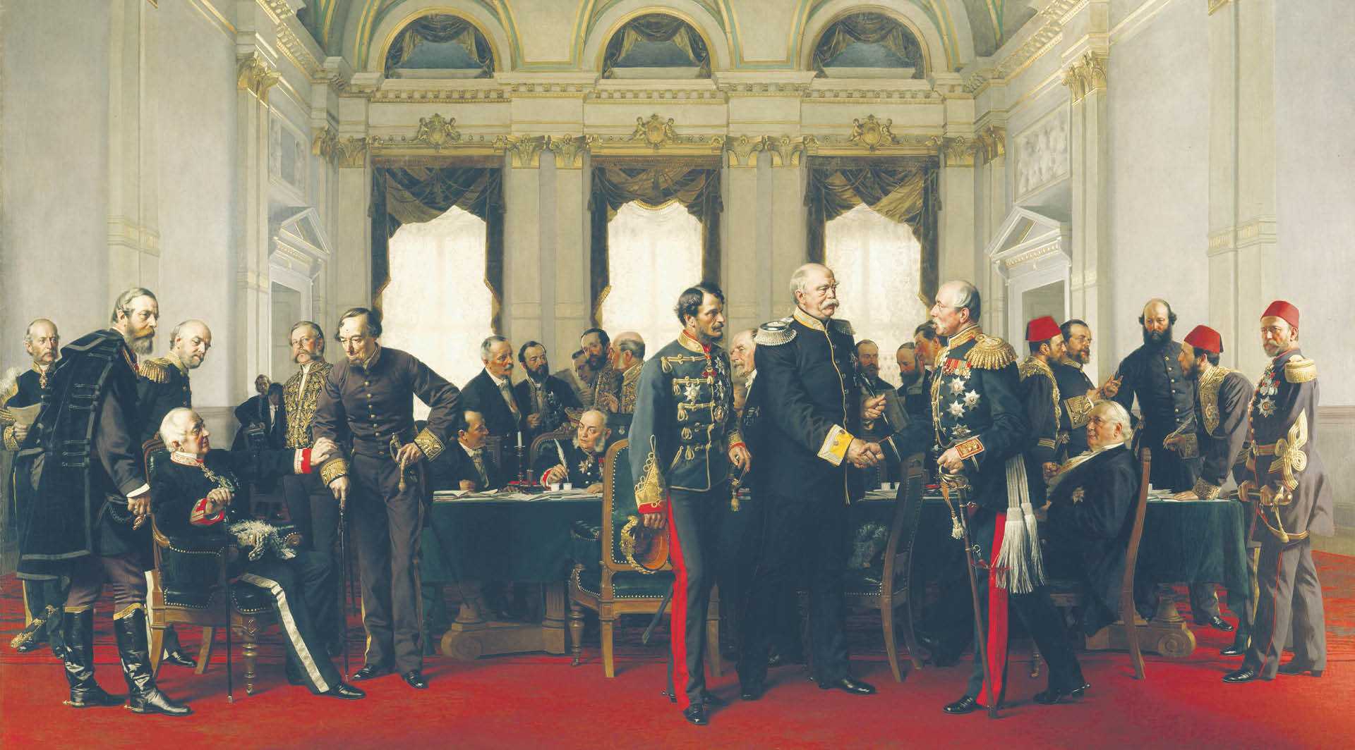 Obraz Antona von Wernera przedstawiający Kongres Berliński, który zwołano w 1878 r.: premier Węgier Gyula Andrássy stoi tuż za kanclerzem Niemiec Ottonem von Bismarckiem