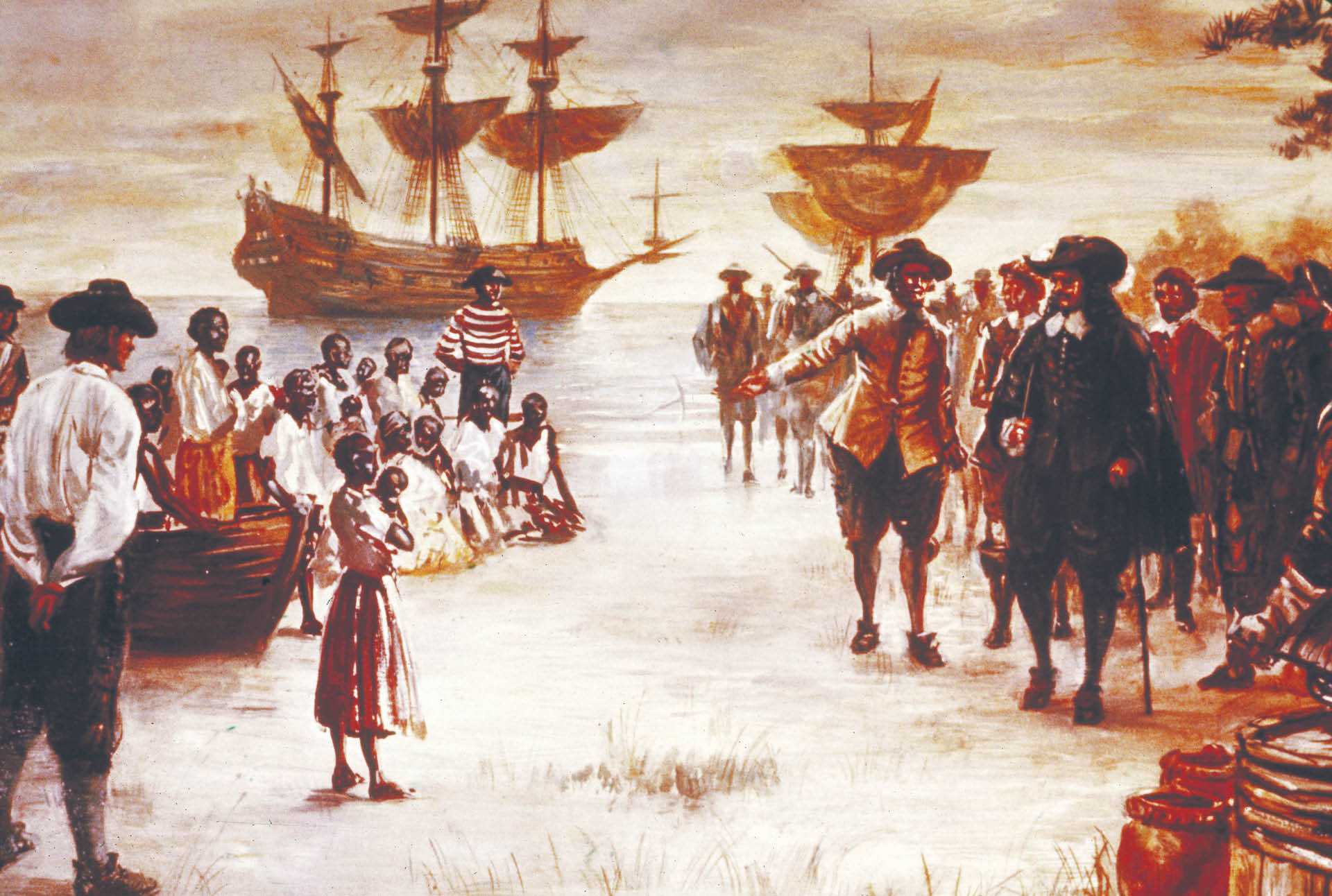 Ilustracja przedstawiająca przybycie holenderskiego statku z niewolnikami do Jamestown w Wirginii w 1619 r.
