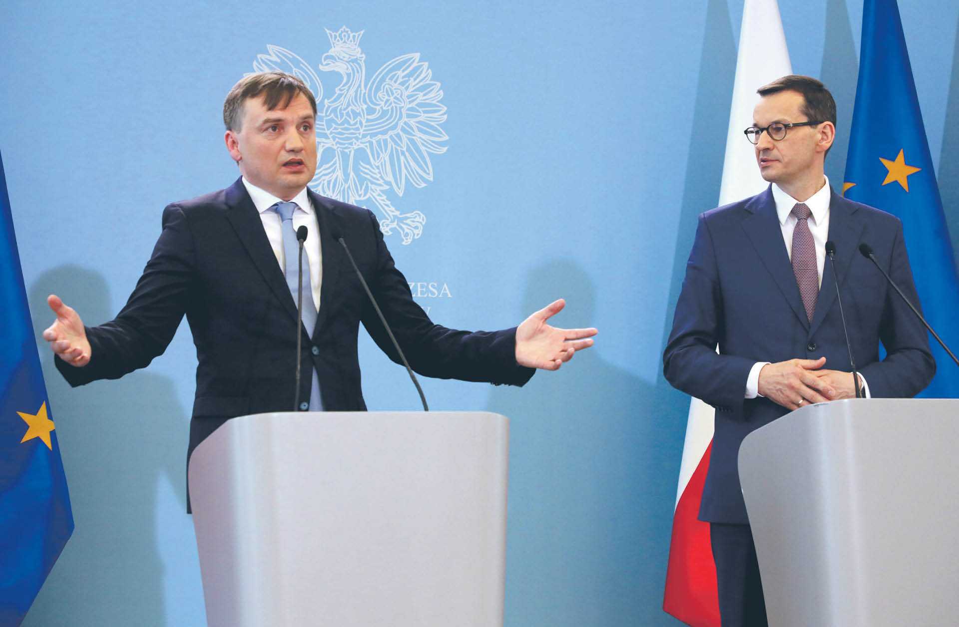Minister sprawiedliwości Zbigniew Ziobro i premierMateusz Morawiecki.Warszawa, 14 maja 2019 r.