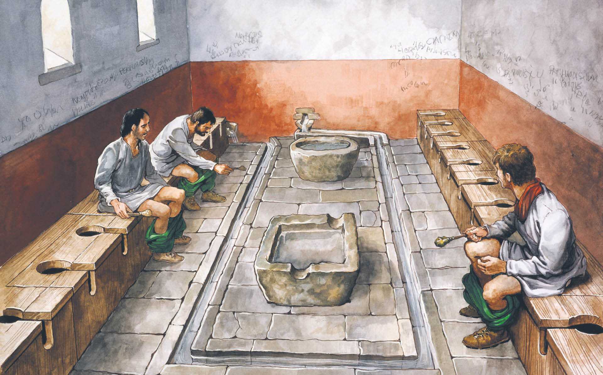 Współczesna ilustracja przedstawiająca rzymską publiczną latrynę