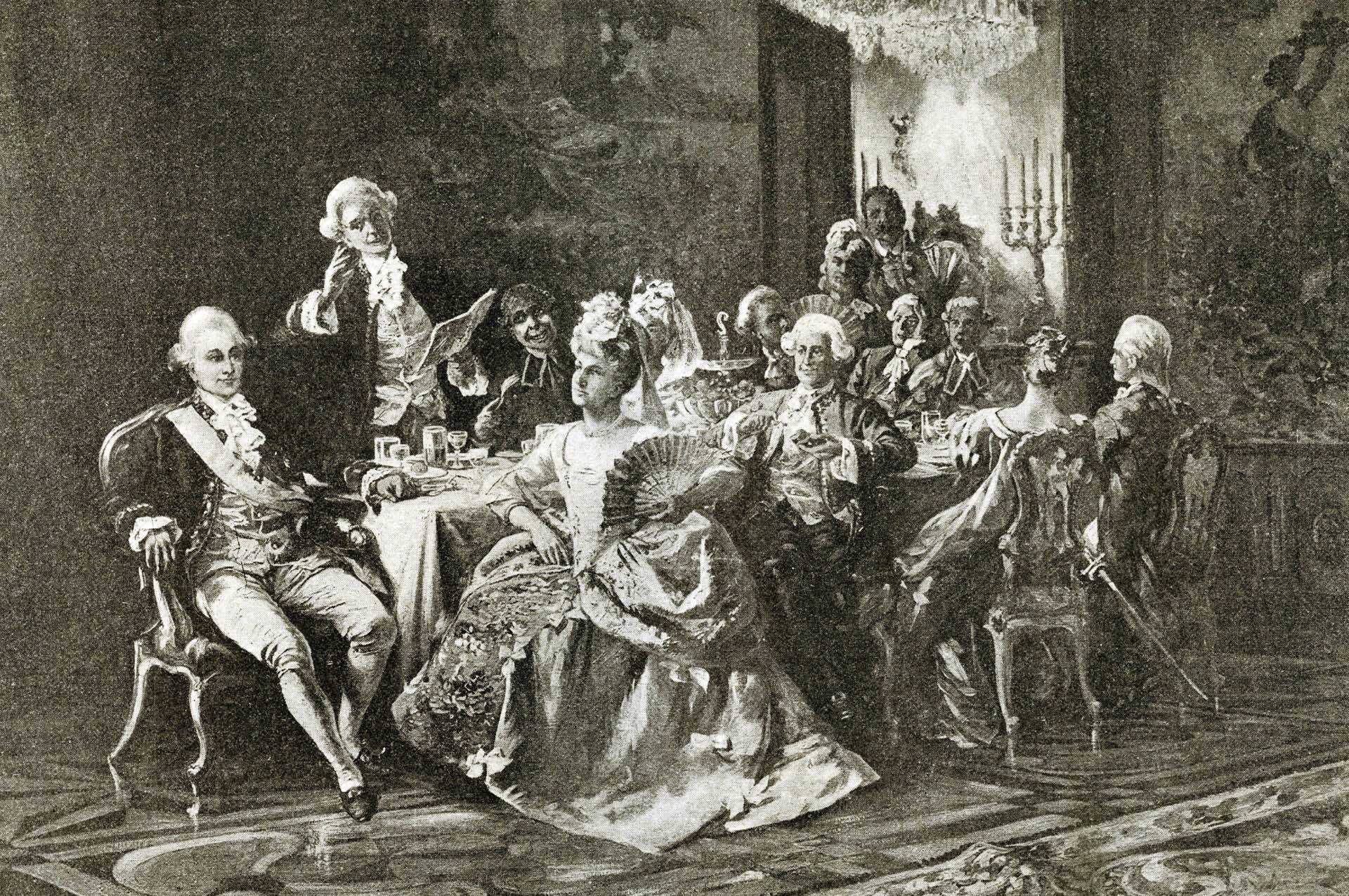 Obraz Włodzimierza Łuskina z 1891 r.: „Zebranie u króla Stanisława Augusta”
