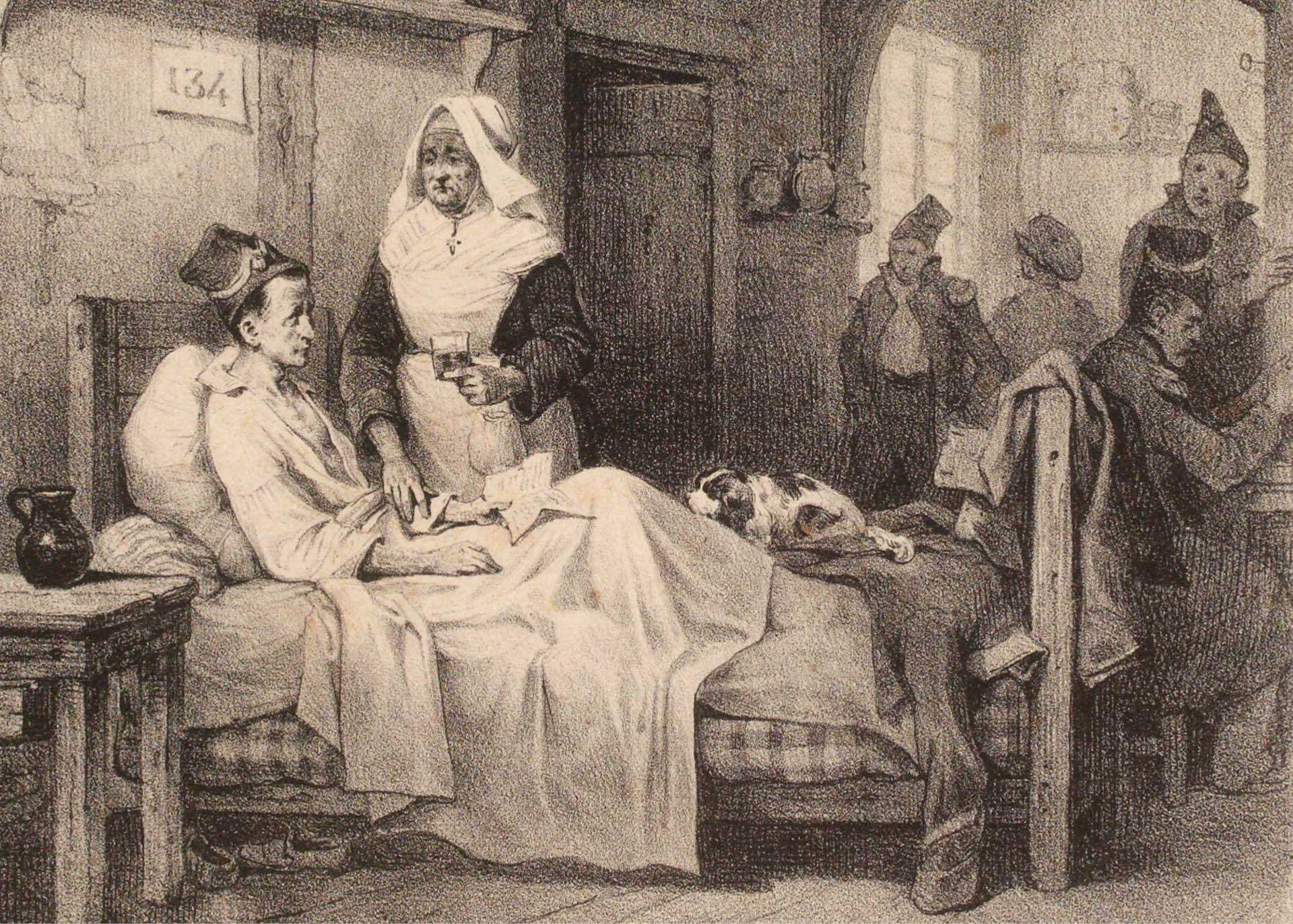 Pielęgniarka opiekuje się pacjentką chorującą na nostalgię, litografia z 1833 r.