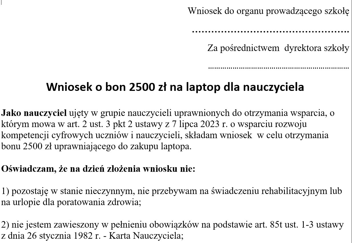 Wniosek o bon na 2500 zł (laptop) - wzór z załącznikiem. Wniosek złóż 10 października!