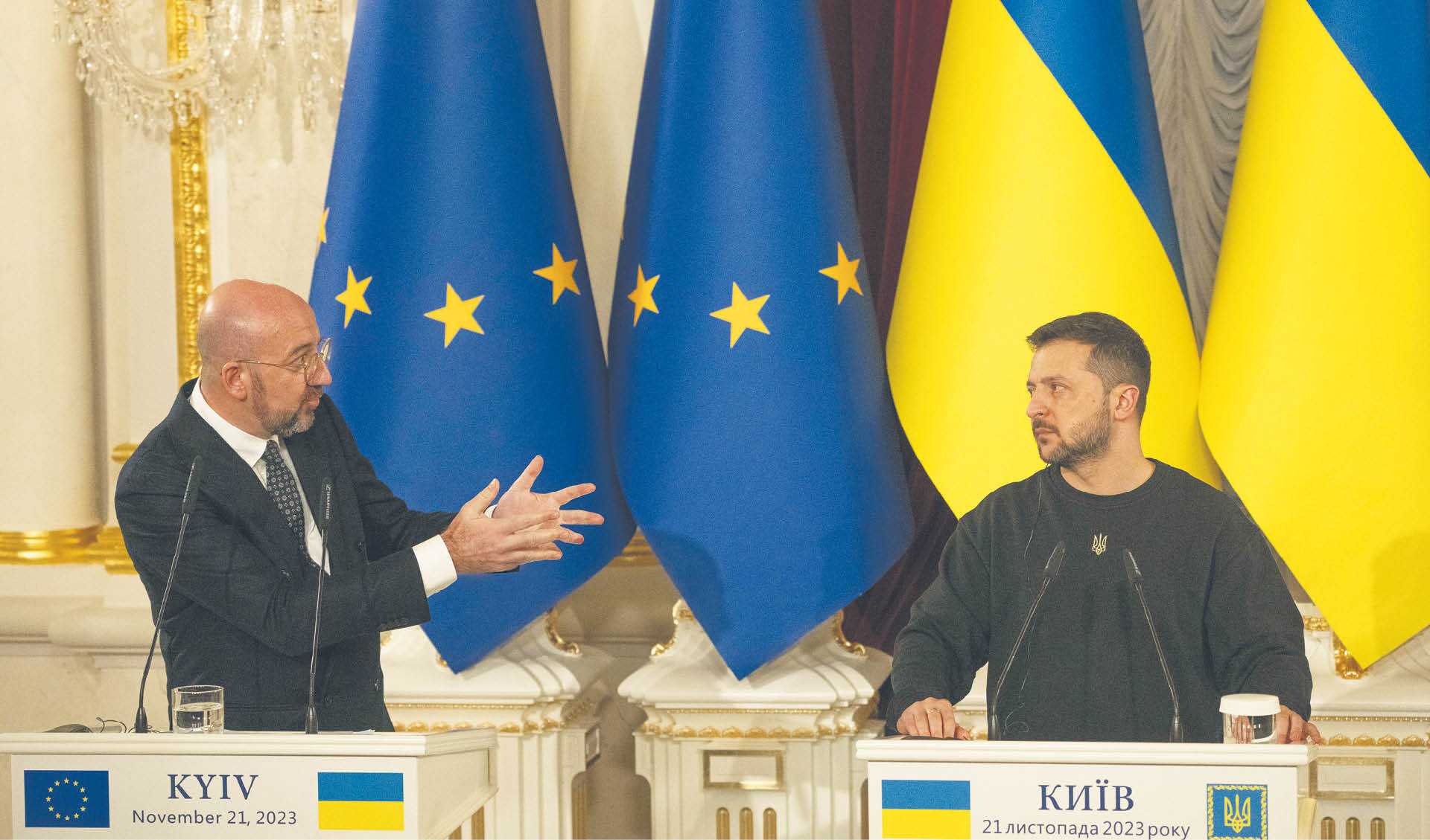 Charles Michel i Wołodymyr Zełenski podczas konferencji w Kijowie