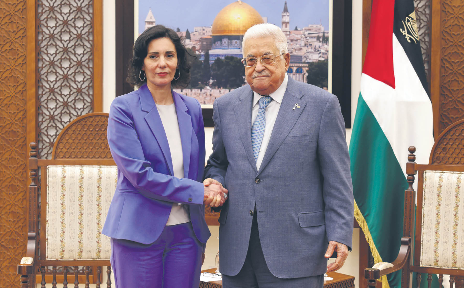 Prezydent Palestyny Mahmud Abbas przyjmuje 28 marca w Ramallah szefową MSZ Belgii Hadję Lahbib