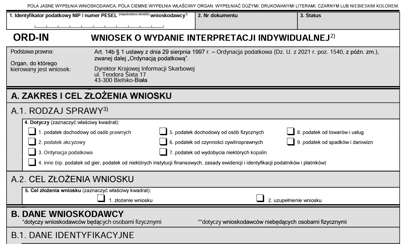 Wniosek o interpretację indywidualną ORD-IN, interpretacja podatkowa