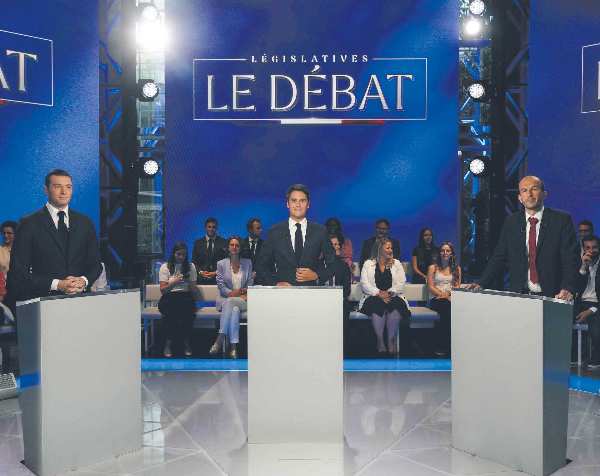 Jordan Bardella, Gabriel Attal i Manuel Bompard na debacie przedwyborczej w TF1