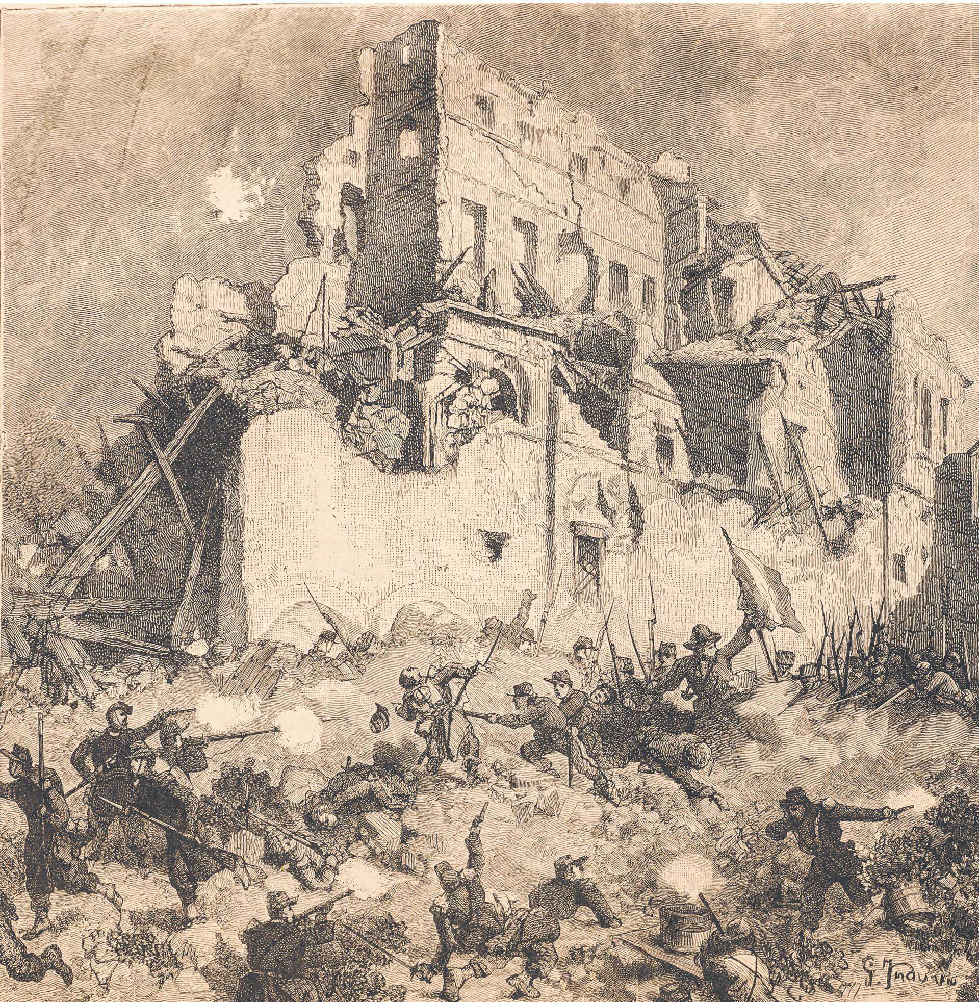 XIX-wieczna grafika „Oblężenie Rzymu: bitwa o Willę Okrętową w 1849 r.”