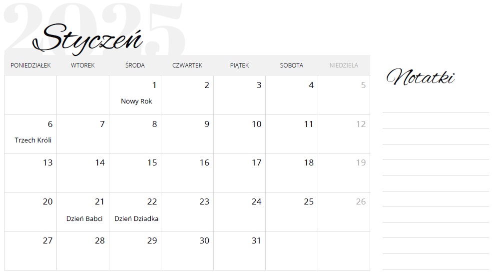Kalendarz styczeń 2025 do druku [PDF]