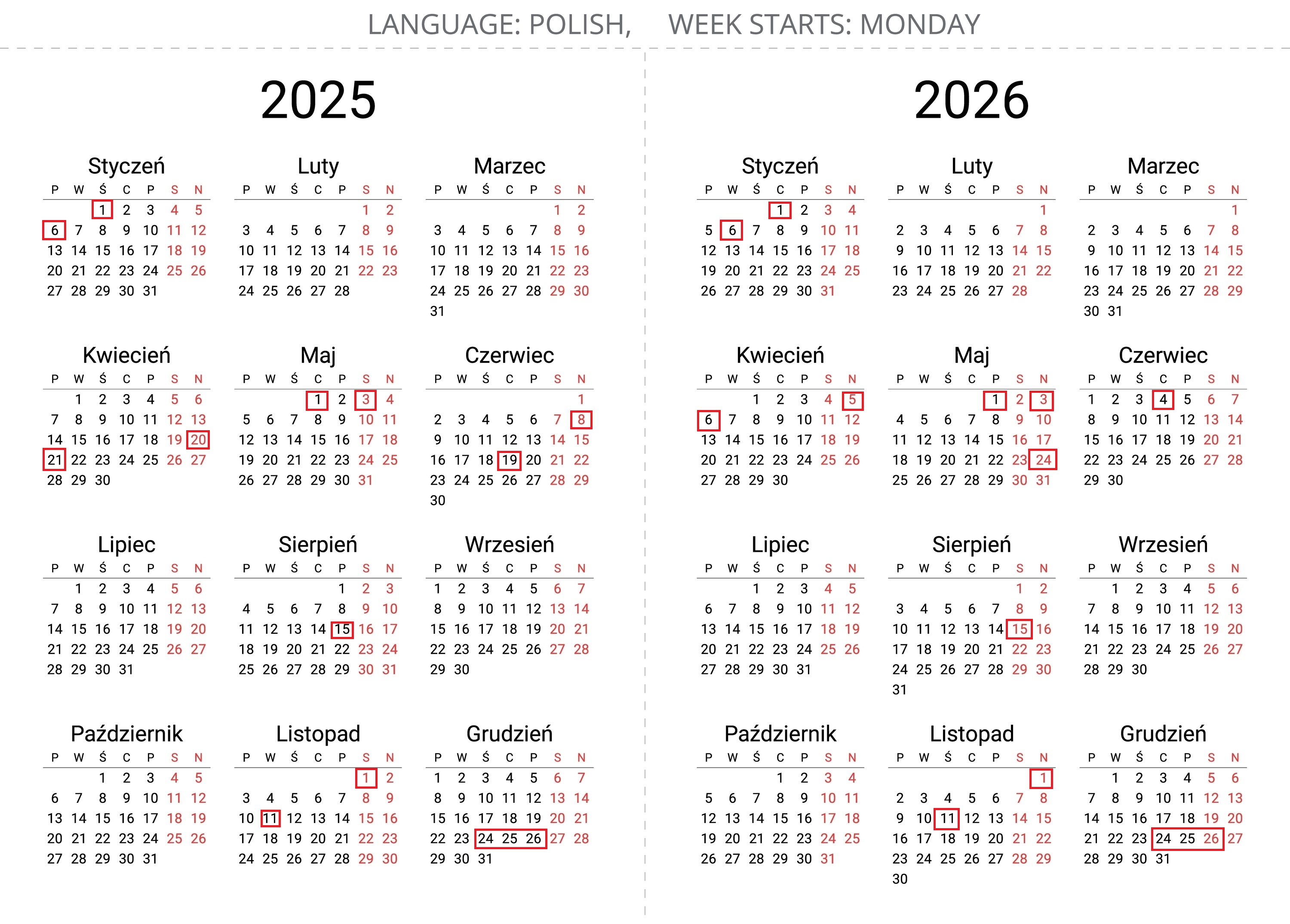 Dni ustawowo wolne od pracy 2025 r. i 2026 r.