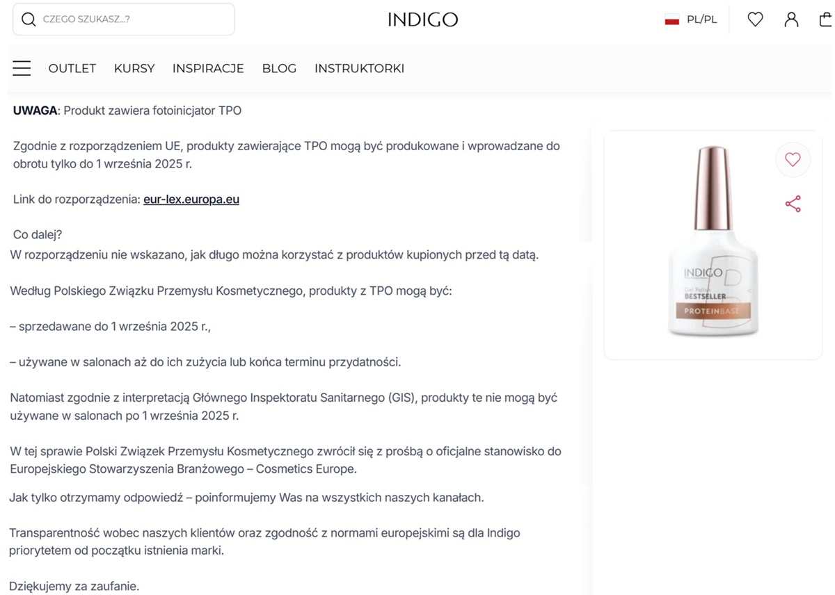 Komunikat na stronie bestsellerowego produktu Protein Base Removable marki Indigo https://www.indigo-nails.com/protein-base-removable-13ml informujący o zawartości w składzie szkodliwego TPO. Zrzut ekranu z dnia 19.06.2025 r.
