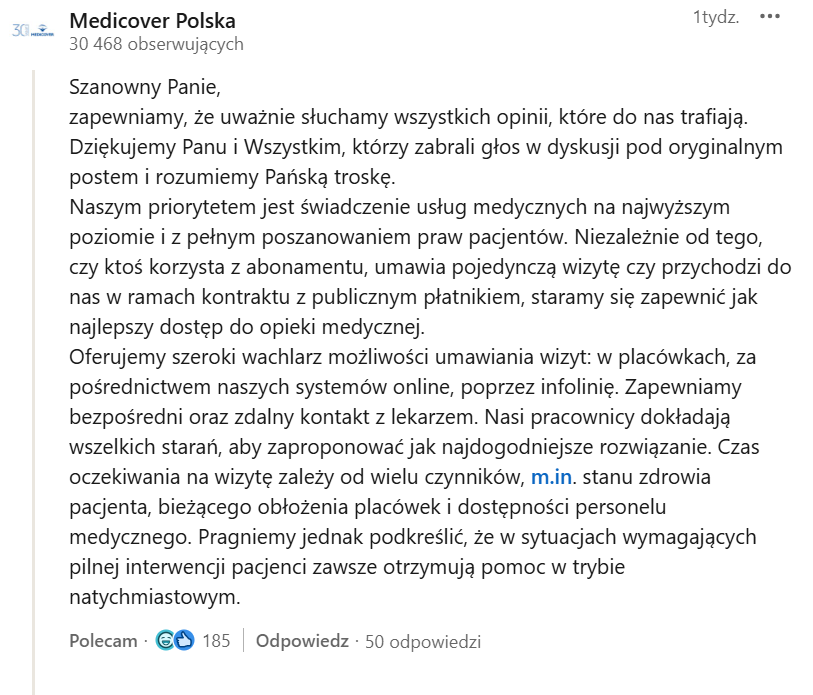 Odpowiedź Medicover Polska w sprawie braków wolnych terminów do lekarza dla abonentów ich sieci