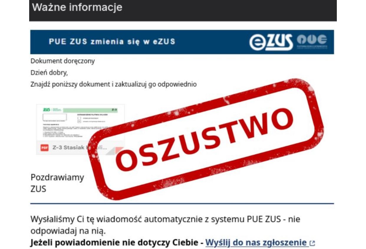 Ostrzeżenie ZUS przed oszustami: wygląda jak oficjalna korespondencja z ZUS, ale to phishing