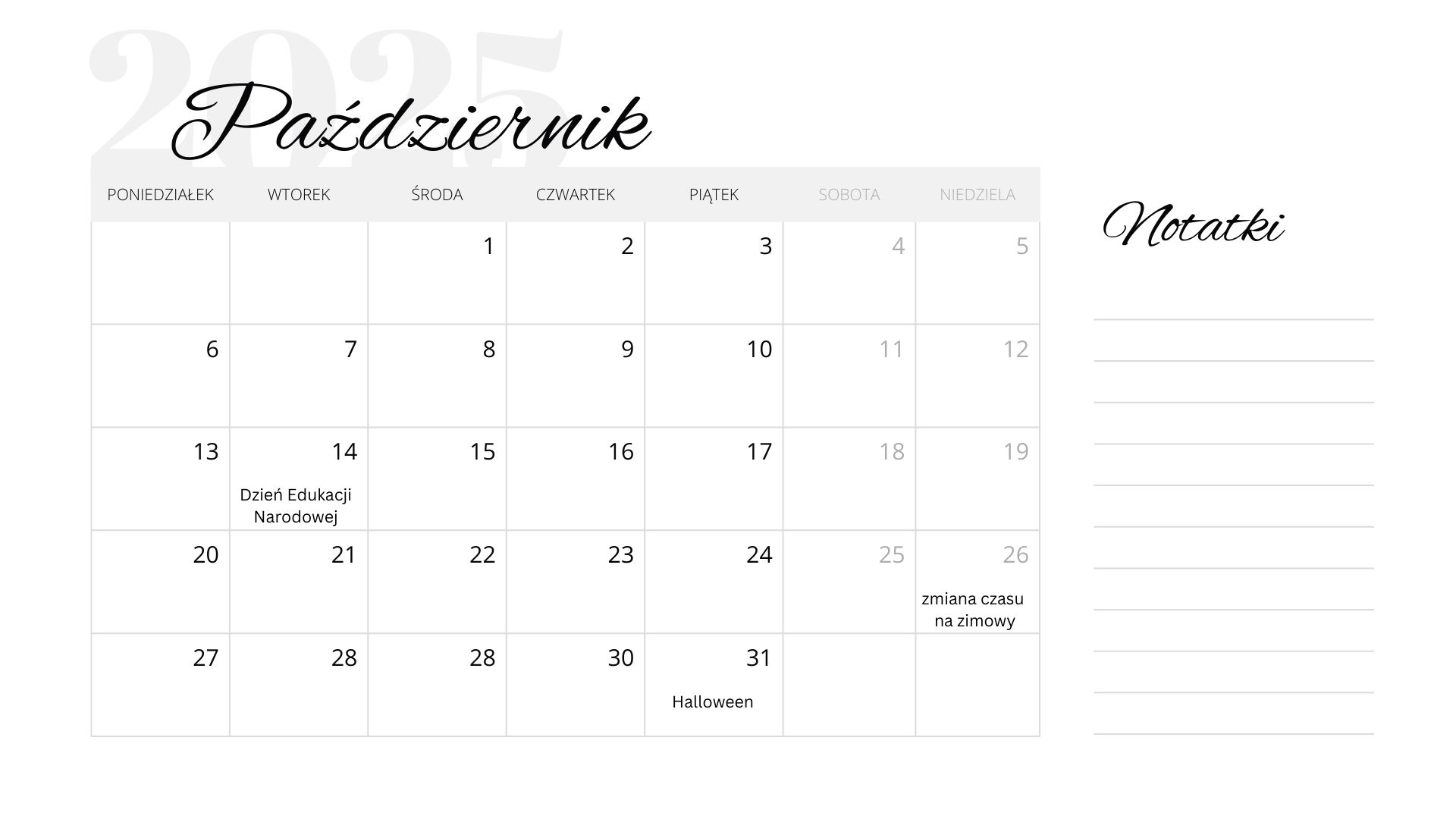 Październik 2025: kalendarz do druku [PDF]