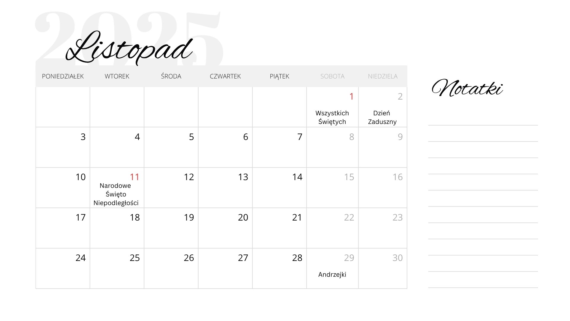 Listopad 2025: kalendarz do druku [PDF]