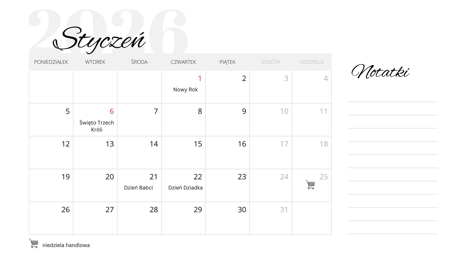 Styczeń 2026: kalendarz do druku (PDF)