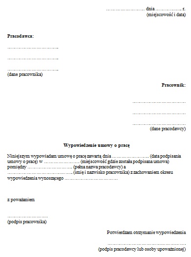 Wypowiedzenie Umowy O Prac Przez Pracownika WZ R PISMA Infor pl