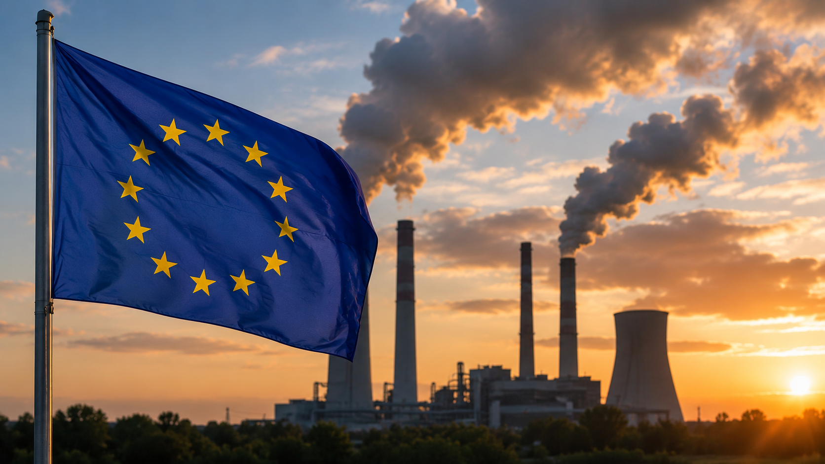 Flaga Unii Europejskiej powiewająca na pierwszym planie na tle elektrowni z wysokimi kominami emitującymi parę i dym. Przemysłowy krajobraz oświetla zachodzące słońce, podkreślając debatę wokół unijnej polityki klimatycznej i systemu handlu emisjami CO₂.