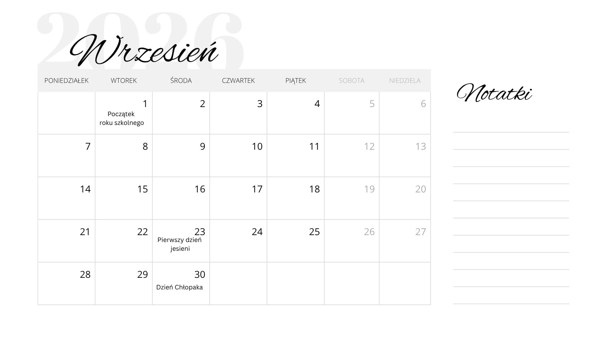 Wrzesień 2026. Kalendarz do druku [PDF]